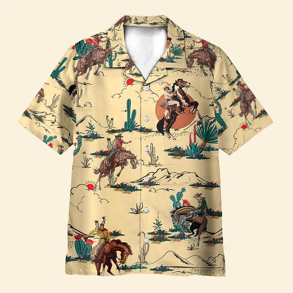 Kentucky Derby Herren Cowboy Pferderennen Hemd Kubanisches Hemd Kurzarm Vintage-Retro Urlaub Festtage Festival Sommer Frühling Hemd mit Camp-Kragen 3D-Druck Hellgelb Lightinthebox