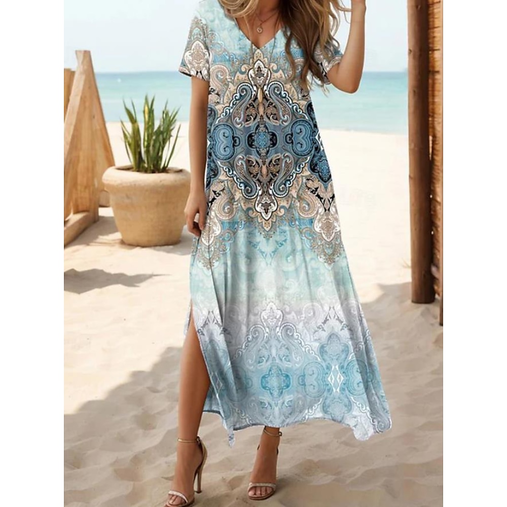 Damen Casual kleid A Linie Kleid Böhmen Urlaub Tropisch Urlaub Täglich Regular Fit Böhmische Kurzarm V Ausschnitt Blau Sommer Frühling Lightinthebox