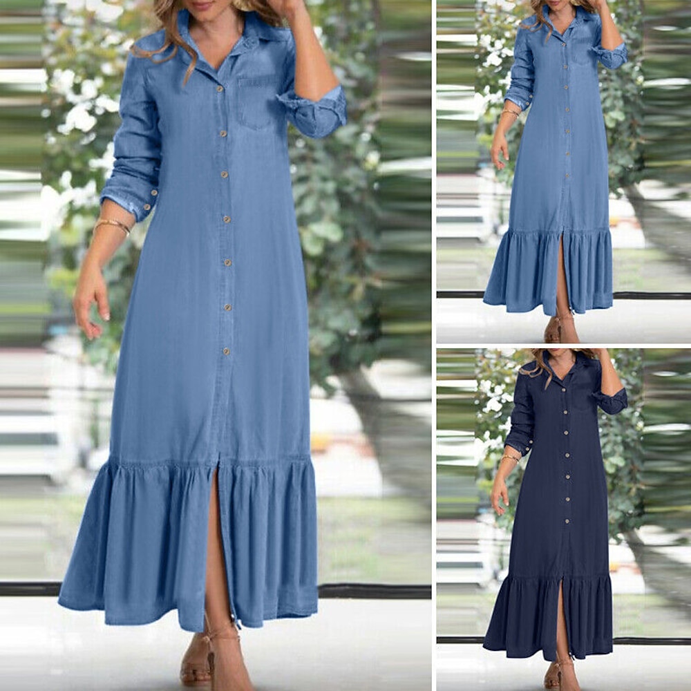 Damen kleid lang Jeanskleider Casual kleid Sommerkleid Modisch Outdoor Festtage Verabredung Regular Fit Glatt Langarm Hemdkragen Blau Dunkelblau Sommer Frühling Lightinthebox