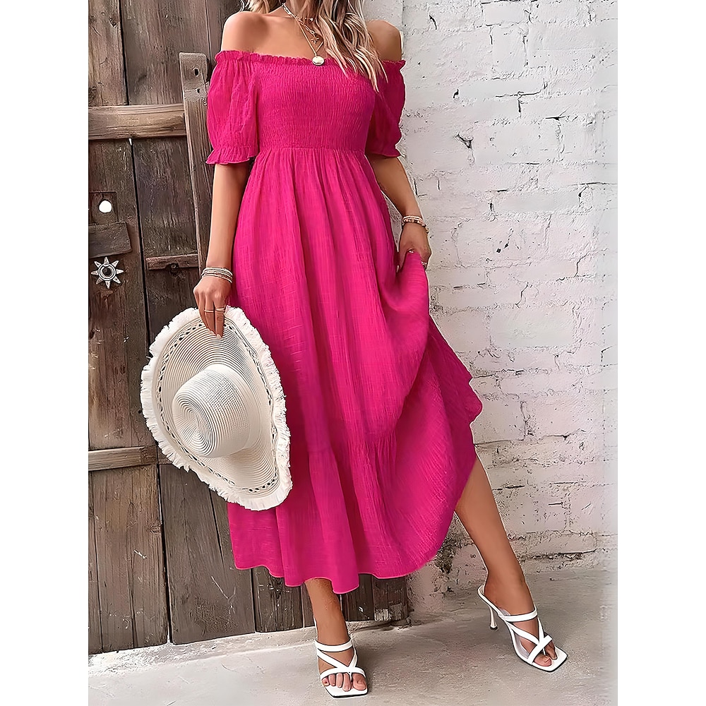 Damen Midikleid Corsagenkleider Sommerkleid Midi-Kleid Smock-Kleid Böhmen Klassisch Geburtstag Urlaub Casual Festtage Regular Fit Glatt Kurzarm Schulterfrei Rosa Sommer Lightinthebox