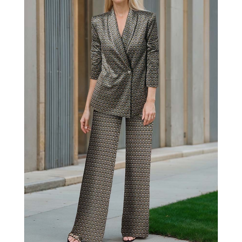 Jumpsuit Hosenanzug Mutter der Braut Kleid Elegant Vintage Blazer Anzug Lockere Passform Schal-Lapel bodenlang Satin Langarm mit geometrischem Druck Derby Kleid 2025 Lightinthebox