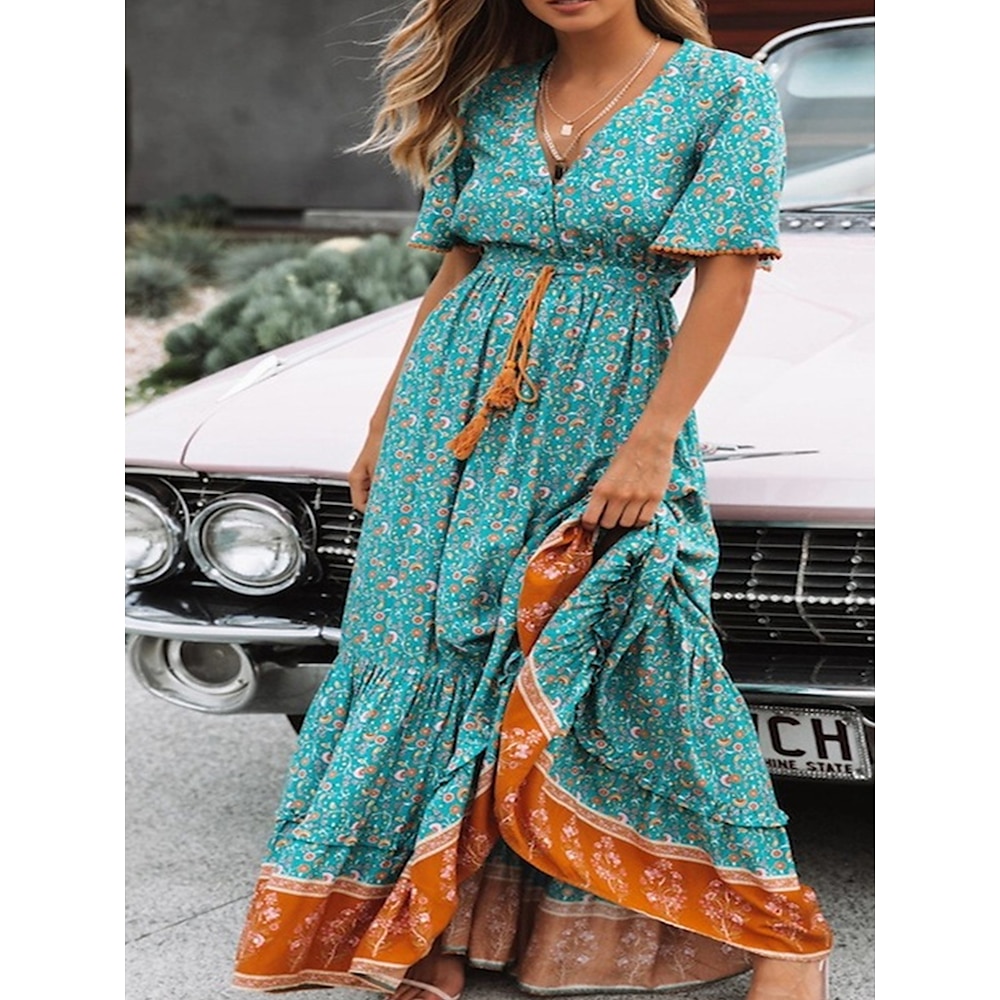 Damen Maxidress Sweatkleid Sommerkleid A Linie Kleid Figurbetontes Kleid Stilvoll Brautkleider schlicht Urlaub Täglich Regular Fit Blumen Kurzarm V Ausschnitt Burgunderrot Marineblau Grün Sommer Lightinthebox