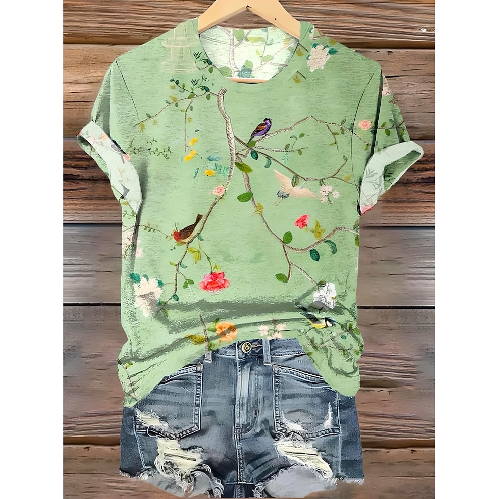 Damen T Shirt Blumen Graphic Vintage Modisch Stilvoll Kurzarm Rundhalsausschnitt Normale Oberteile Täglich Ausgehen Wochenende Bedruckt Gras-Grün Sommer Lightinthebox