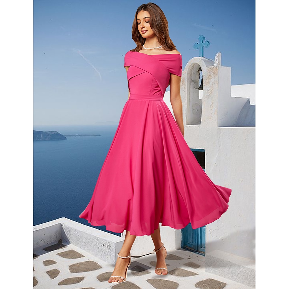 A-Linie Cocktailkleider Elegant Kleid Halb formell Tee-Länge Ärmellos Schulterfrei Hochzeitsgast im Herbst Stretch Chiffon mit Gerafft 2025 Lightinthebox