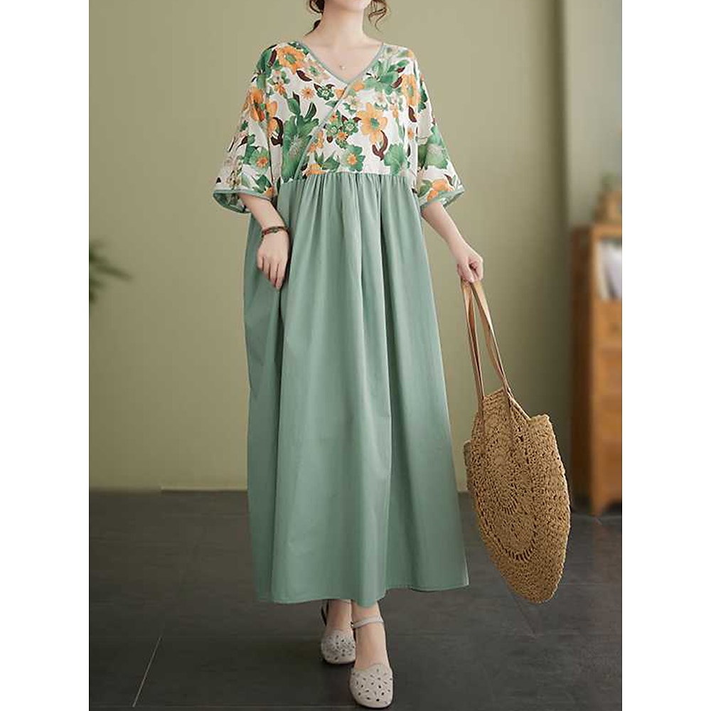 Damen Casual kleid Baumwoll-Leinenkleid A Linie Kleid Basic Brautkleider schlicht Urlaub Täglich Regular Fit Blumen Langarm V Ausschnitt Hellgrün Sommer Lightinthebox