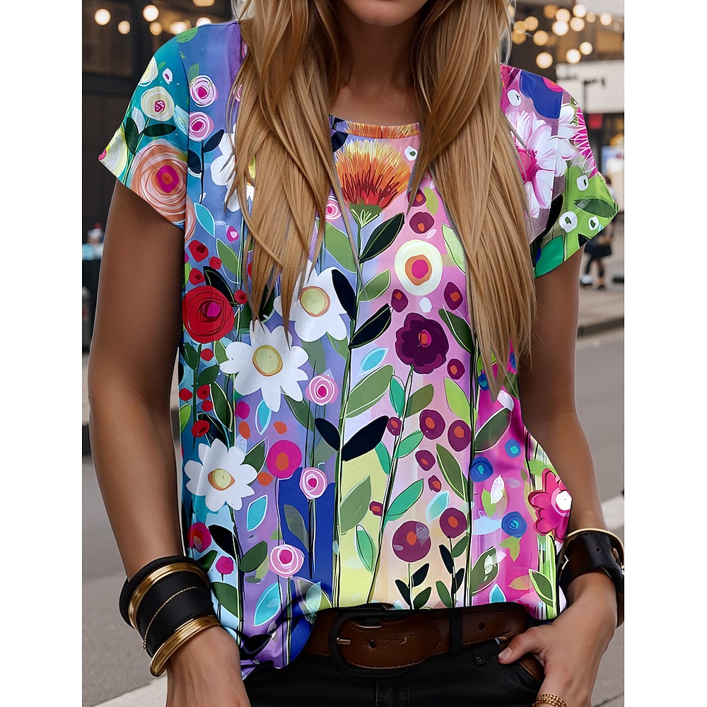 Damen T Shirt Blumen Farbblock Brautkleider schlicht Kurzarm Rundhalsausschnitt Normale Oberteile Täglich Ausgehen Wochenende Bedruckt Regenbogen Sommer Frühling Lightinthebox