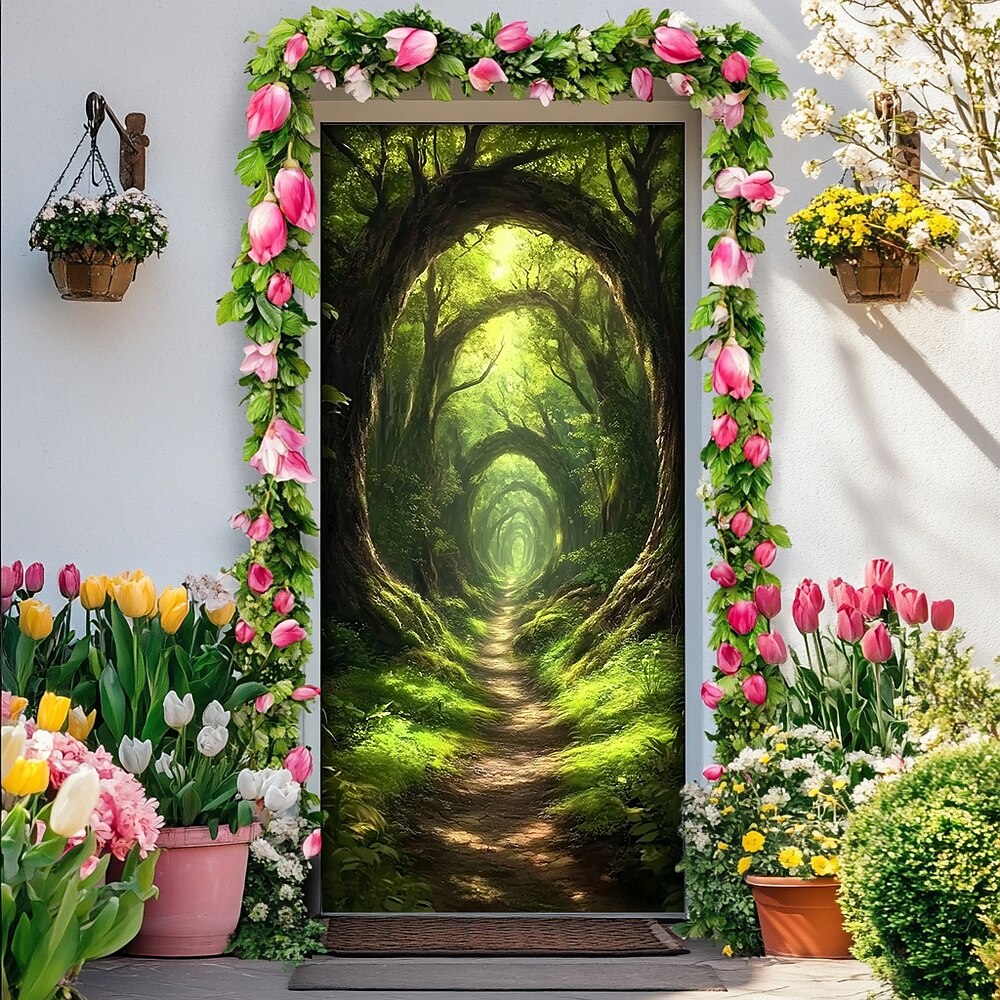 Landschaft Türdekorationen Türabdeckungen Wald Baum Tür Wandteppich Türvorhang Dekoration Hintergrund Innen/Außen Türbanner für die Eingangstür Bauernhaus Lightinthebox