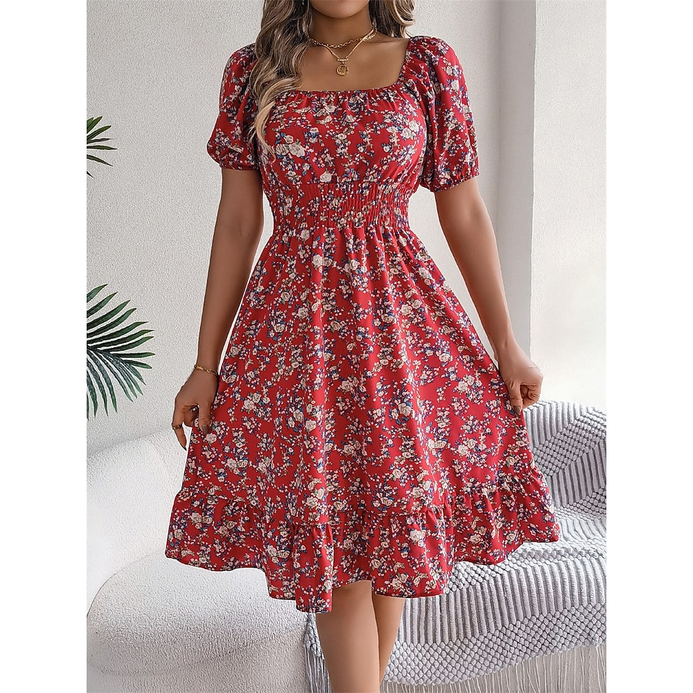 Damen Midikleid A Linie Kleid Schulterfreies Kleid Kleid mit Puffärmeln Urlaub Urlaub Strasse Casual Regular Fit Blumen Graphic Kurzarm Quadratischer Ausschnitt Schwarz Weiß Gelb Rote Sommer Lightinthebox