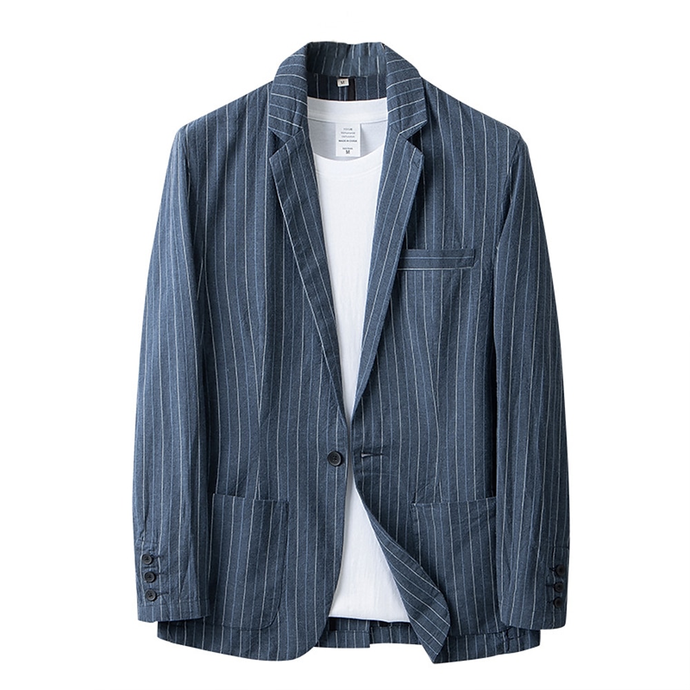 Herren Leinenblazer Anzüge Hochzeit Jahrestag Urlaub Elegant Neutral Frühling Herbst Bettwäsche aus Baumwolle Gestreift Knopf Bequem Einreiher - 1 Knopf Blazer Marineblau Grau Lightinthebox