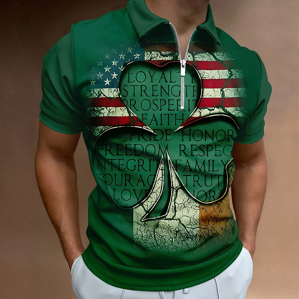 Herren Kleeblatt Zip Polo Kurzarm Umlegekragen Casual / sportlich Casual St. Patrick Day 3D-Druck Grün Lightinthebox