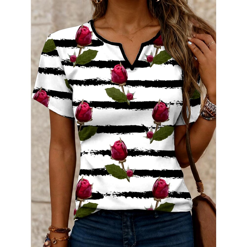 Damen T Shirt Blumen Gestreift Brautkleider schlicht Kurzarm Gekerbter Hals Normale Oberteile Täglich Bedruckt Wein Sommer Frühling Lightinthebox