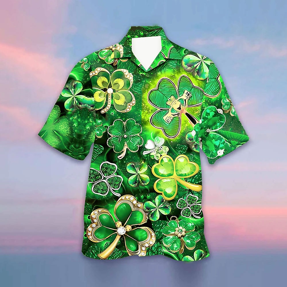 St. Patricks Day Herren Vierblättriges Kleeblatt Lässiges Hemd Kubanisches Hemd Kurzarm Vintage Urlaub Geschenk Festtage Sommer Frühling Hemd mit Camp-Kragen Grün Lightinthebox