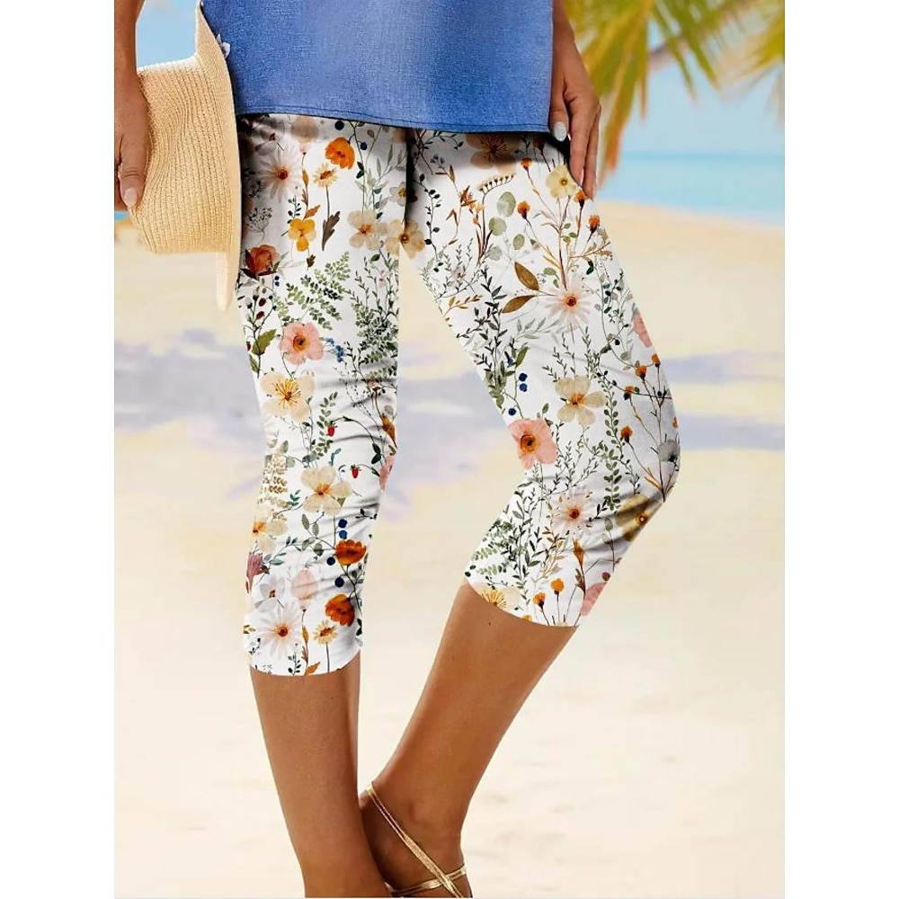 Damen Leggins Modisch Strassenmode In voller Länge Mittlere Taillenlinie Blumen Print warm Atmungsaktiv Weich Mikro-elastisch Outdoor Täglich Strand gelbbraun Schwarz Blau Himmelblau Sommer Frühling Lightinthebox