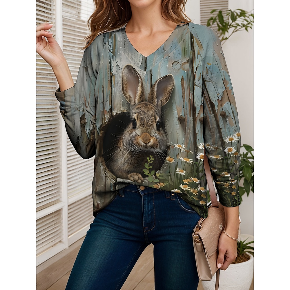 Ostern Damen Bluse Blumen Graphic Tier Brautkleider schlicht Langarm V Ausschnitt Normale Oberteile Täglich Bedruckt Staubiges Blau Sommer Frühling Lightinthebox