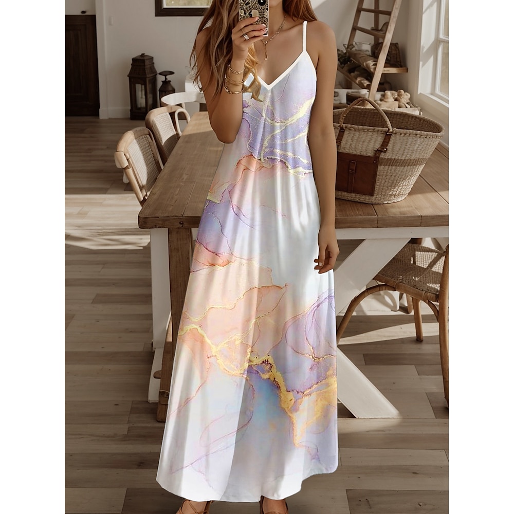 Damen Maxidress Casual kleid Maxidress Sommerkleid A Linie Kleid Brautkleider schlicht Fließend Urlaub Casual Täglich Regular Fit Marmordruck Ärmellos V Ausschnitt Weiß Sommer Frühling Lightinthebox