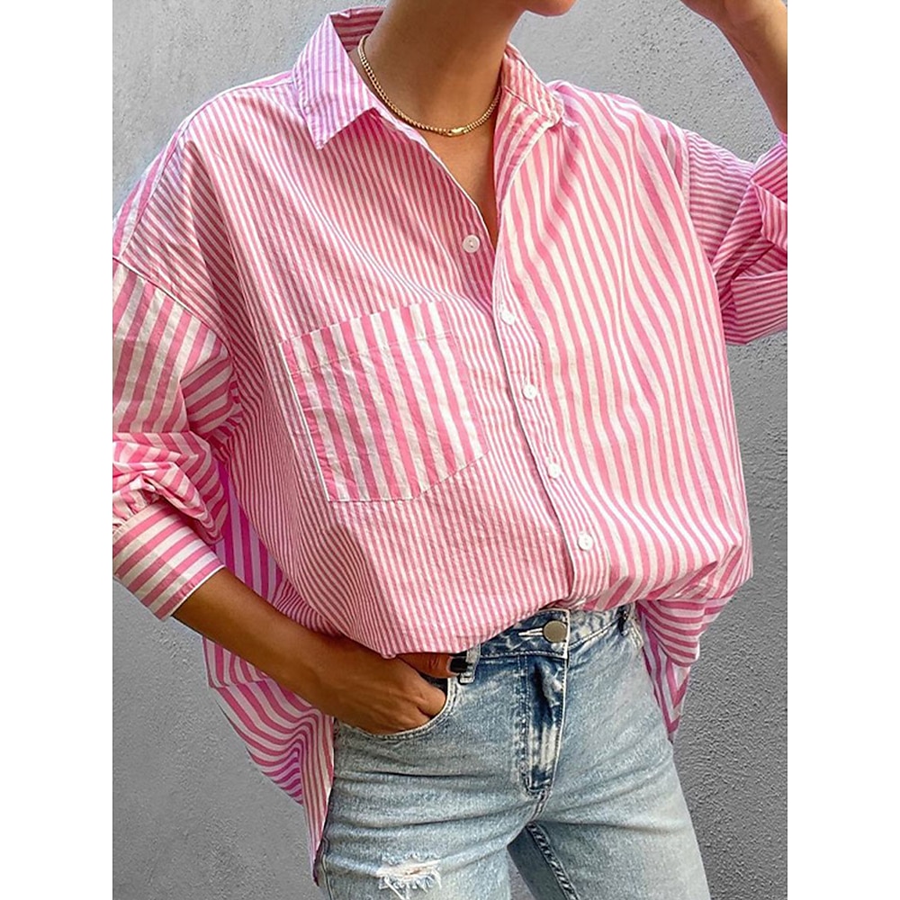 Damen Hemd Bluse Gestreift Elegant Täglich Stilvoll Langarm Hemdkragen Normale Oberteile Täglich Festtage Ausgehen Knopf Tasche Gelb Rosa Grün Frühling Herbst Lightinthebox