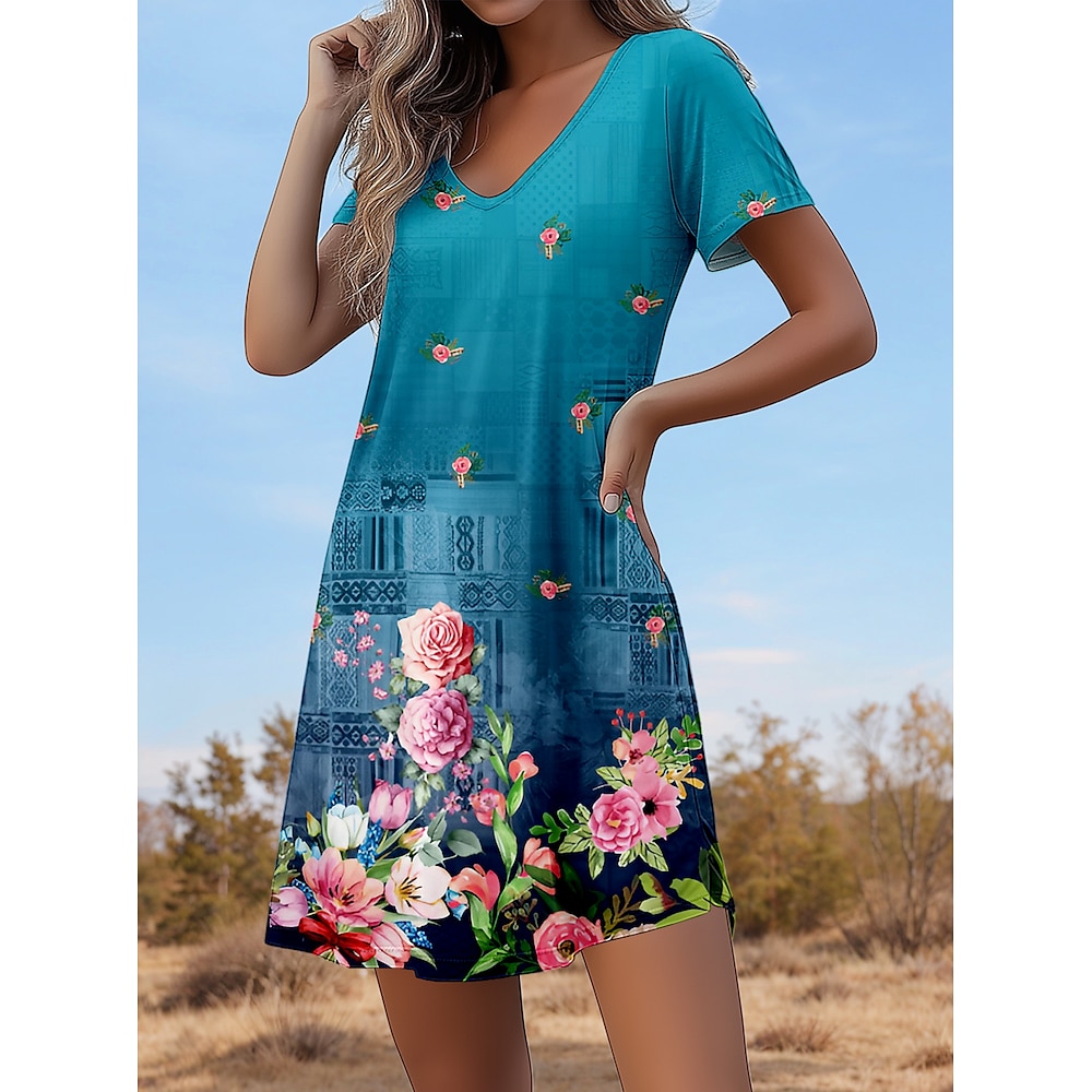 Damen Minikleid Minikleid Sweatkleid Sommerkleid A Linie Kleid Elegant Vintage Stilvoll Urlaub Casual Täglich Regular Fit Blumen Graphic Kurzarm V Ausschnitt Blau Sommer Lightinthebox