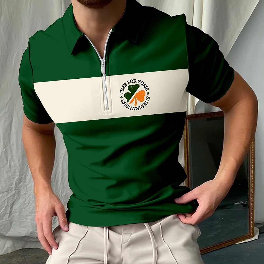 Herren Kleeblatt Zip Polo Kurzarm Umlegekragen Casual / sportlich Casual St. Patrick Day 3D-Druck Grün Lightinthebox