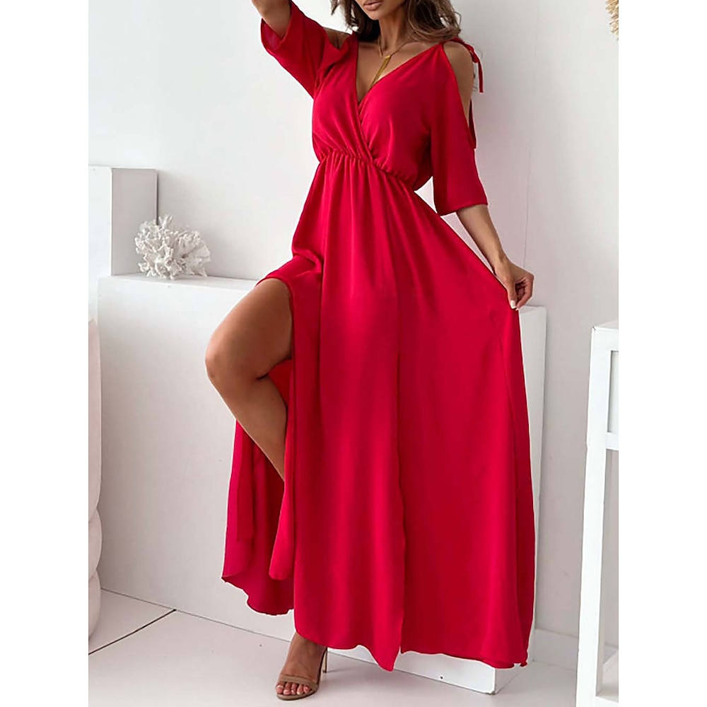 Damen Maxidress Casual kleid skims dress Urlaub Brautkleider schlicht Urlaub Täglich Regular Fit Glatt Halbe Ärmel V Ausschnitt Schwarz Rosa Rote Kamel Sommer Frühling Lightinthebox