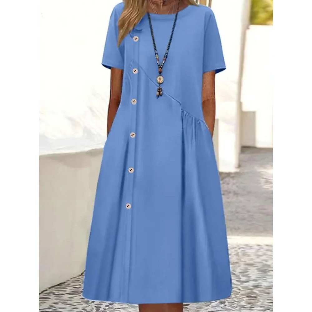 Damen Casual kleid Baumwoll-Leinenkleid Basic Brautkleider schlicht Urlaub Täglich Regular Fit Glatt Kurzarm Rundhalsausschnitt Wein Blau Braun Sommer Lightinthebox