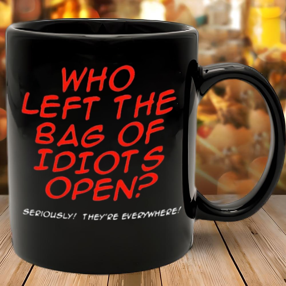 Kaffeetasse mit der Aufschrift „Who Left the Bag of Idiots Open", schwarze Retro-Vintage-Keramiktasse mit Grafikdesign, 12 oz/330 ml, perfektes Geschenk für Musikliebhaber, Gitarristen und Lightinthebox