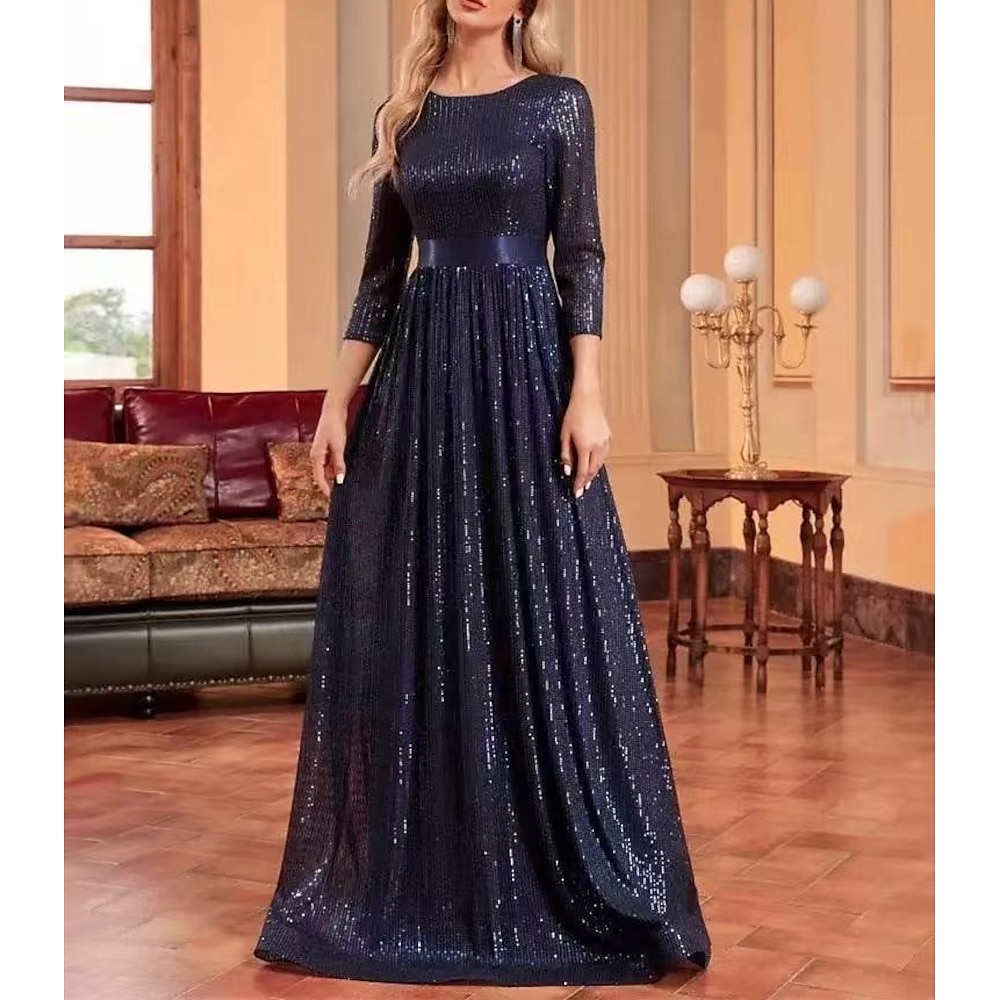 A-Linie Kleider für Hochzeitsgäste Party Kleid Abiball Gala Boden-Länge 3/4 Ärmel Schmuck Gürtel / Schärpe Spandex mit Glitzer Franse Paillette 2025 Lightinthebox