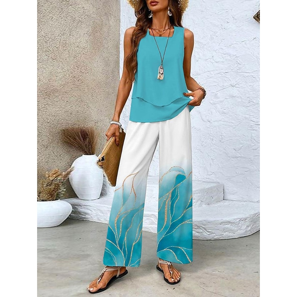 Damen Modisch T Shirt Hosen-Sets Hose mit weitem Bein Ärmellos Quadratischer Ausschnitt Blumen Bedruckt Casual Blau Sommer Regular Fit Lightinthebox