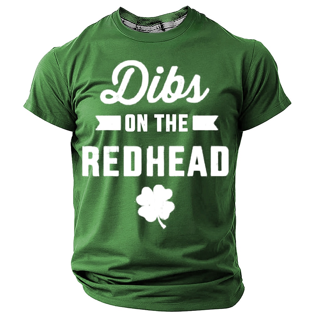 St. Patrick's Day T-Shirt für Herren mit Aufschrift „Dibs on the Redhead Shamrock", kurzärmelig, 3D-Druck, Rundhalsausschnitt, Designer-Shirt, Freizeit, Party, Urlaub, Club, Schwarz, Grün, Grau, Lightinthebox