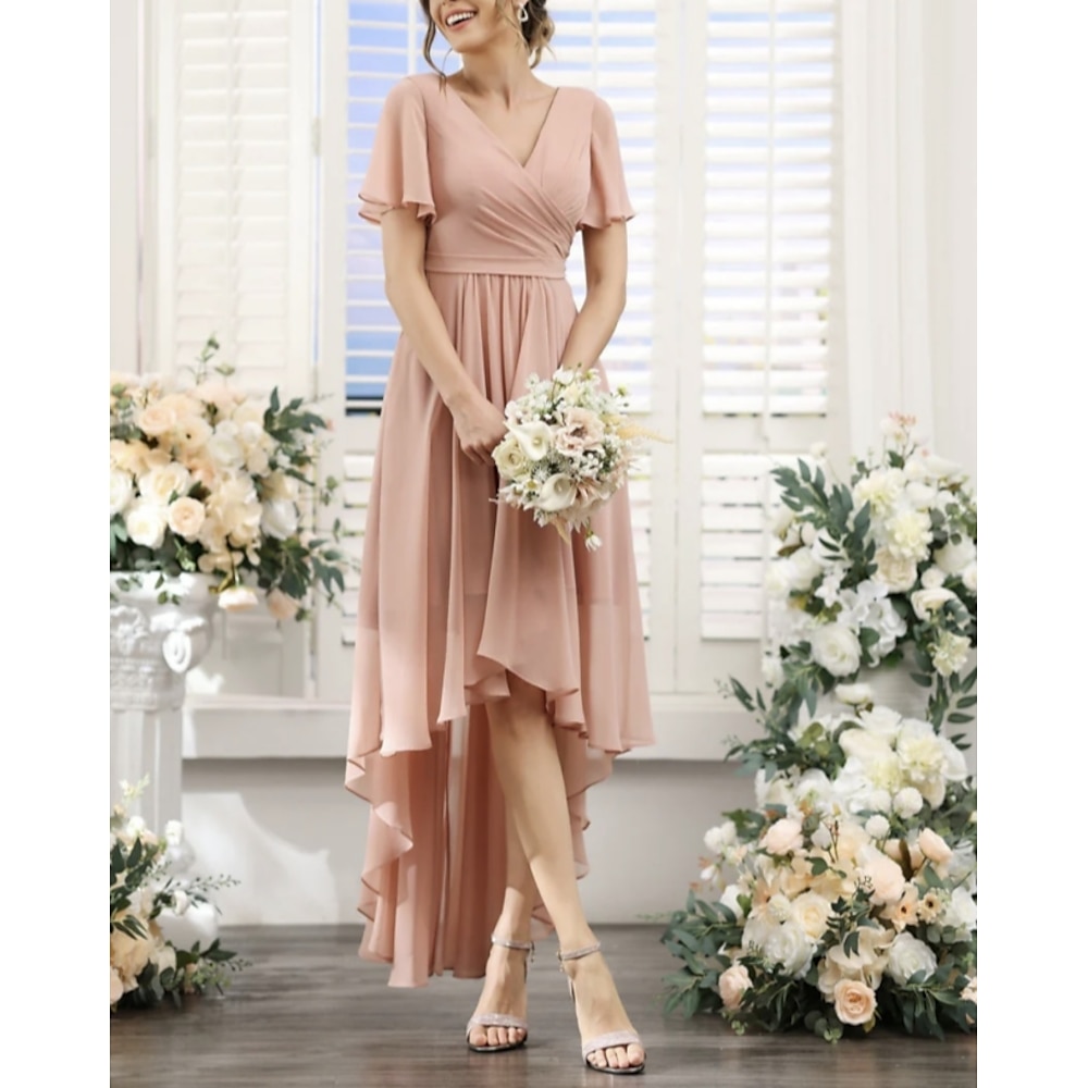 A-Linie Brautjungfernkleid V-Ausschnitt Kurzarm elegant asymmetrisch Chiffon mit Rüschen 2025 Lightinthebox