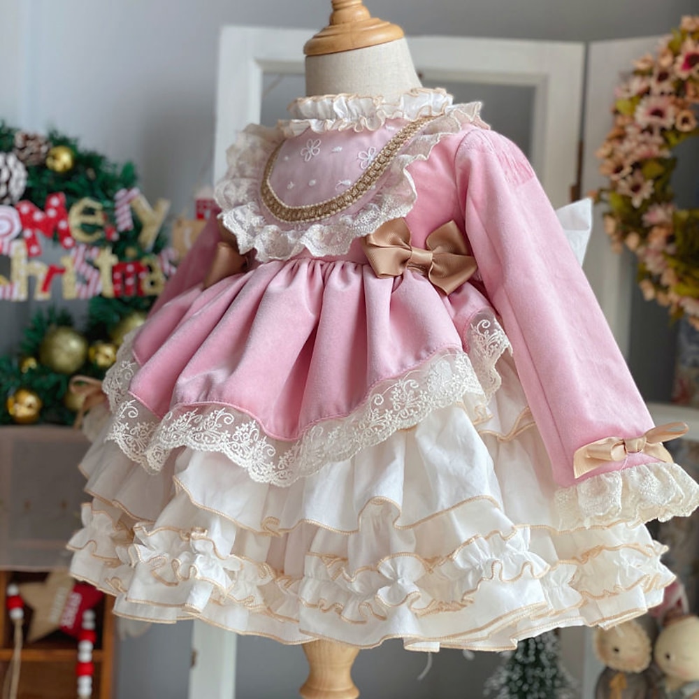 kinderkleidung Mädchen Kleid Lolita Kleid Farbblock Langarm Leistung Party Spitze Patchwork bezaubernd Kostüm Polyester Knielang Spitzenkleid Casual kleid Sommer Frühling 4 Jahre Rosa Wein Rote Lightinthebox