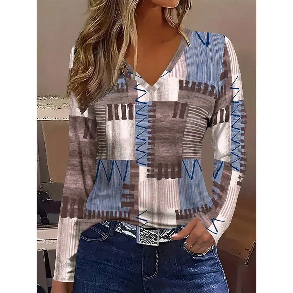 Damen T Shirt Plaid Brautkleider schlicht Langarm V Ausschnitt Normale Oberteile Täglich Bedruckt Blau Frühling Herbst Lightinthebox