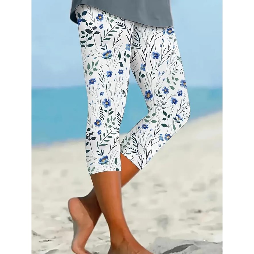 Damen Leggins Modisch Strassenmode Knielänge Mittlere Taillenlinie Blumen Print warm Atmungsaktiv Weich Mikro-elastisch Urlaub Normal Täglich Milchweiß Sommer Frühling Regular Fit Lightinthebox