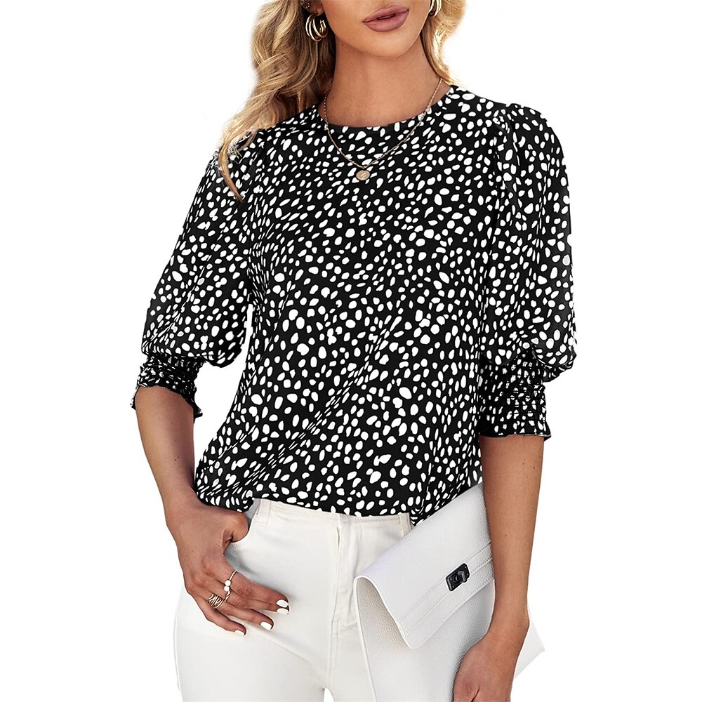 Damen Hemd Bluse Graphic Elegant Täglich Stilvoll Halbe Ärmel Puffärmel Rundhalsausschnitt Normale Oberteile Arbeit Täglich Festtage Rüschen Bedruckt Schwarz Wein Grün Sommer Frühling Lightinthebox