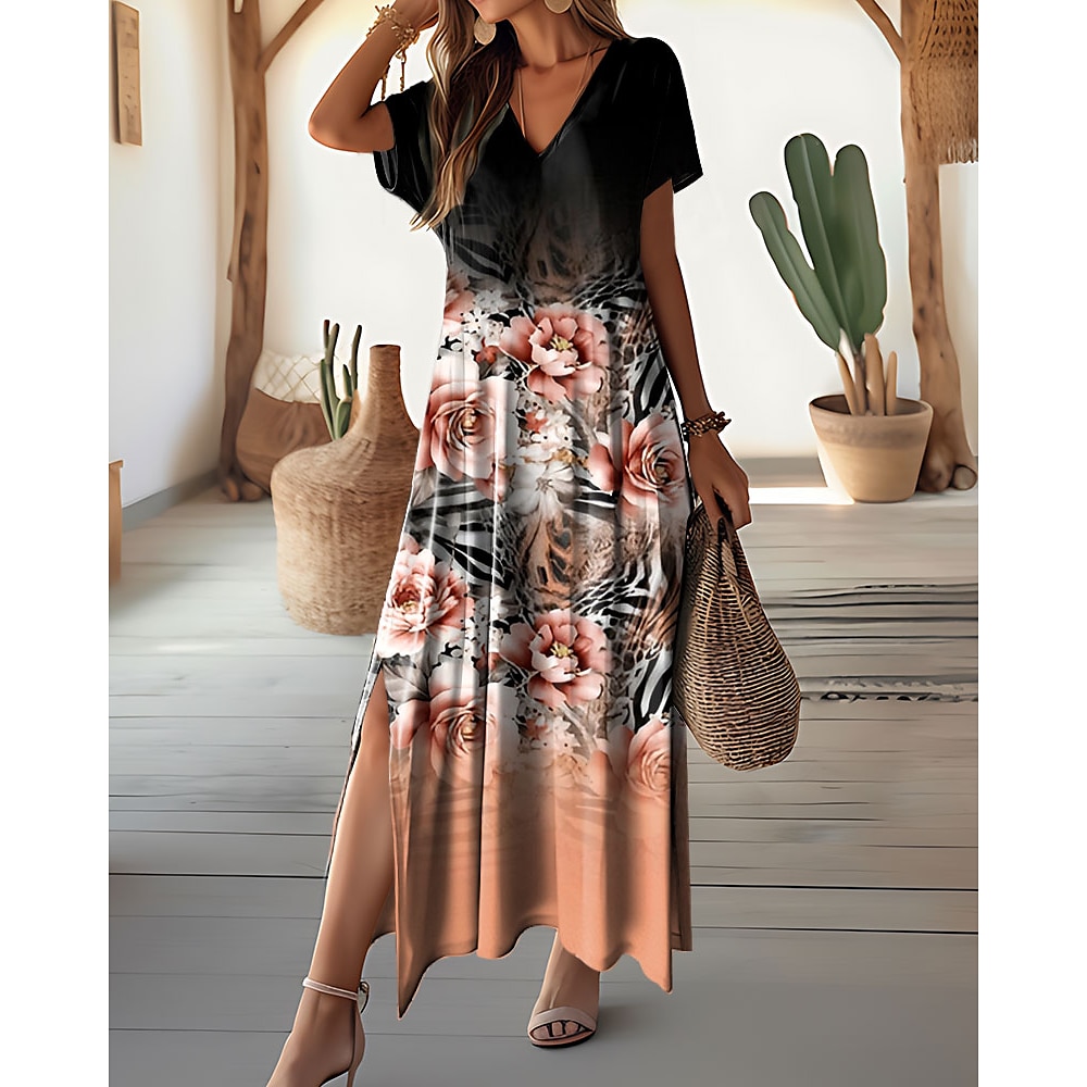 Damen Maxidress Casual kleid A Linie Kleid Stilvoll Brautkleider schlicht Urlaub Täglich Regular Fit Blumen Kurzarm V Ausschnitt Rosa Blau Orange Sommer Frühling Lightinthebox