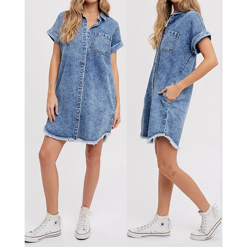 Damen Minikleid Jeanskleider Casual kleid Sommerkleid Modisch Outdoor Festtage Verabredung Regular Fit Glatt Kurzarm Hemdkragen Blau Sommer Frühling Lightinthebox