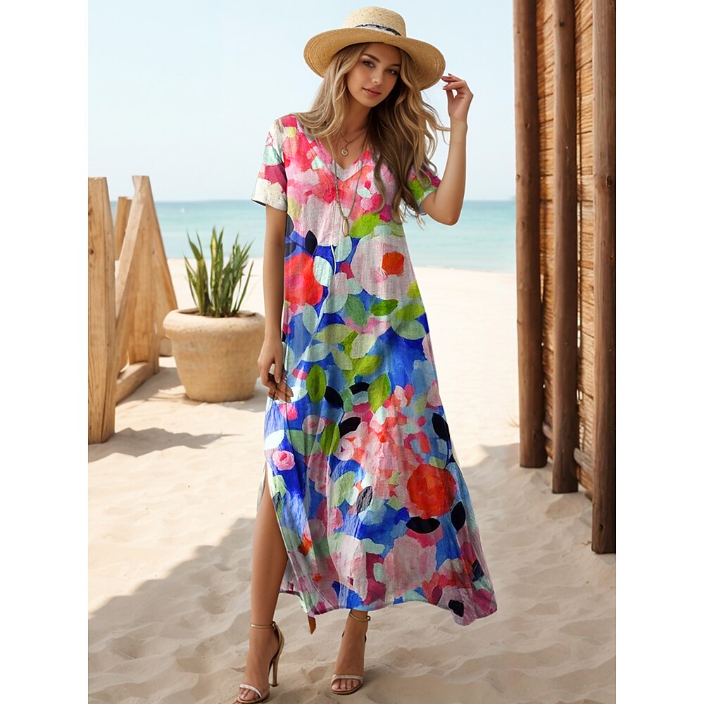 Damen Maxidress Casual kleid A Linie Kleid Stilvoll Brautkleider schlicht Urlaub Täglich Regular Fit Blumen Kurzarm V Ausschnitt Regenbogen Sommer Frühling Lightinthebox