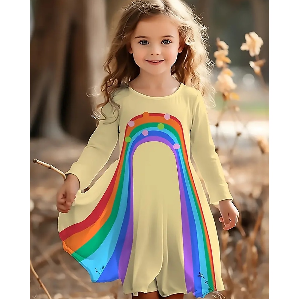 Mädchen' 3D Regenbogen Kleid Langarm Sommer Urlaub Täglich Festtage Prinzessin Schön Süß kinderkleidung 4-12 Jahre Casual kleid A Linie Kleid Knielang Regular Fit Lightinthebox