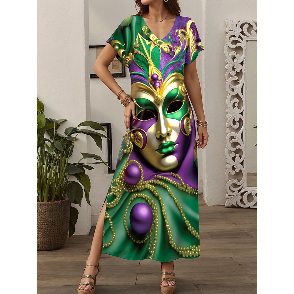 Karnival Damen Maxidress Sommerkleid Etuikleid Drop-Schulter Vintage Cocktailparty Lockere Passform Kurzarm V Ausschnitt Grün Sommer Frühling Lightinthebox