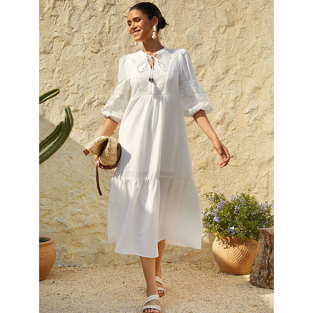 Damen Maxidress Weißes Kleid Urlaub Stilvoll Brautkleider schlicht Urlaub Casual Täglich Lockere Passform Feste Farbe Blumen Halbe Ärmel V Ausschnitt Weiß Sommer Frühling Lightinthebox