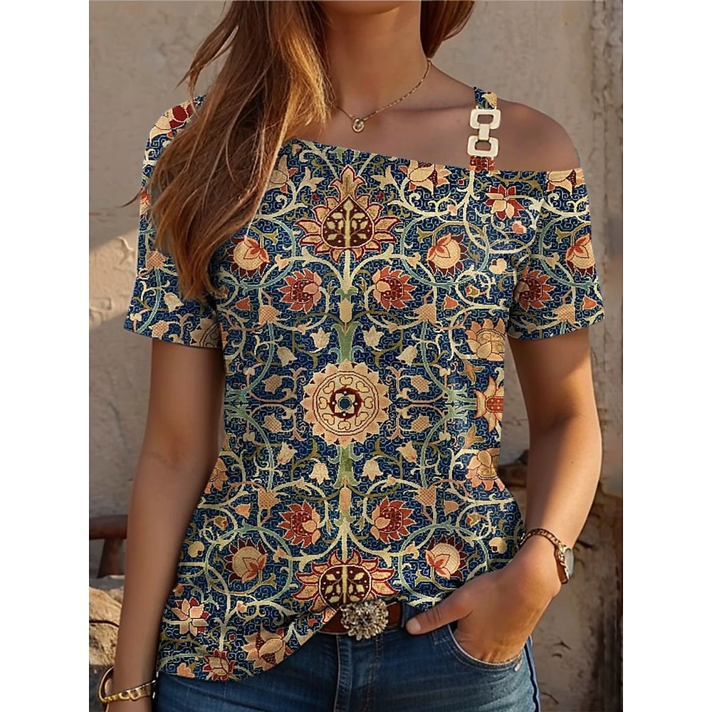 Damen T Shirt Blumen Brautkleider schlicht Kurzarm Ein-Schulter Normale Oberteile Täglich Bedruckt Marineblau Sommer Lightinthebox