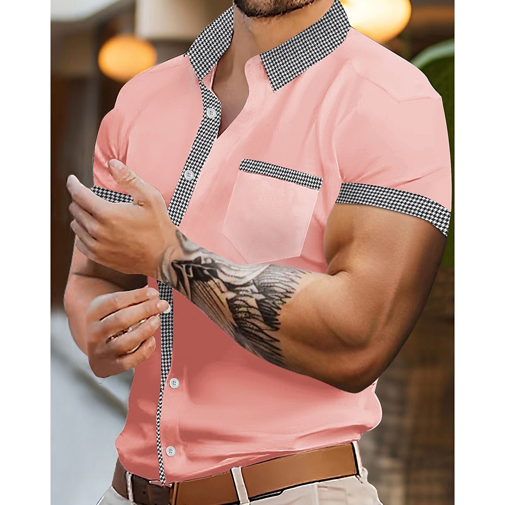 Herren Hemd Sommerhemd Lässiges Hemd Strandhemd Knopfhemd Schwarz Weiß Champagner Rosa Himmelblau Kurzarm Hahnentrittmuster Kargen Urlaub Hawaiianisch Patchwork Bekleidung Modisch Brautkleider Lightinthebox