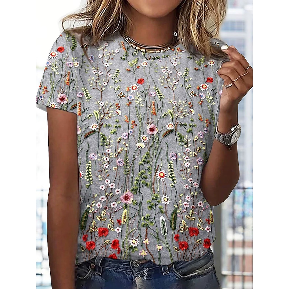 Damen T Shirt Blumen Brautkleider schlicht Kurzarm Rundhalsausschnitt Normale Oberteile Täglich Bedruckt Grau Sommer Lightinthebox