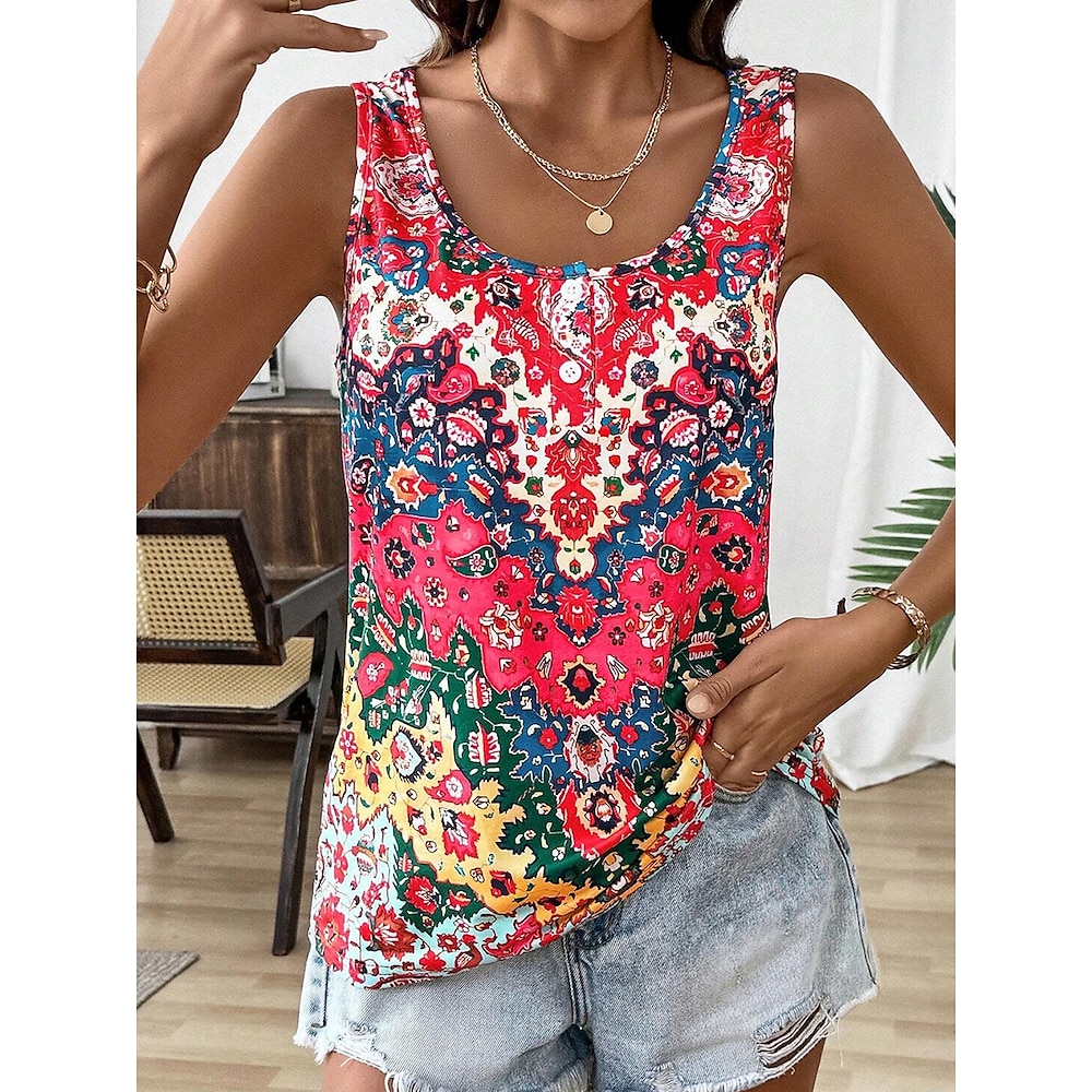 Damen Hemd Bluse Blumen Ethnisch Brautkleider schlicht Ärmellos U-Ausschnitt Normale Oberteile Täglich Knopf Bedruckt Rosa Sommer Lightinthebox