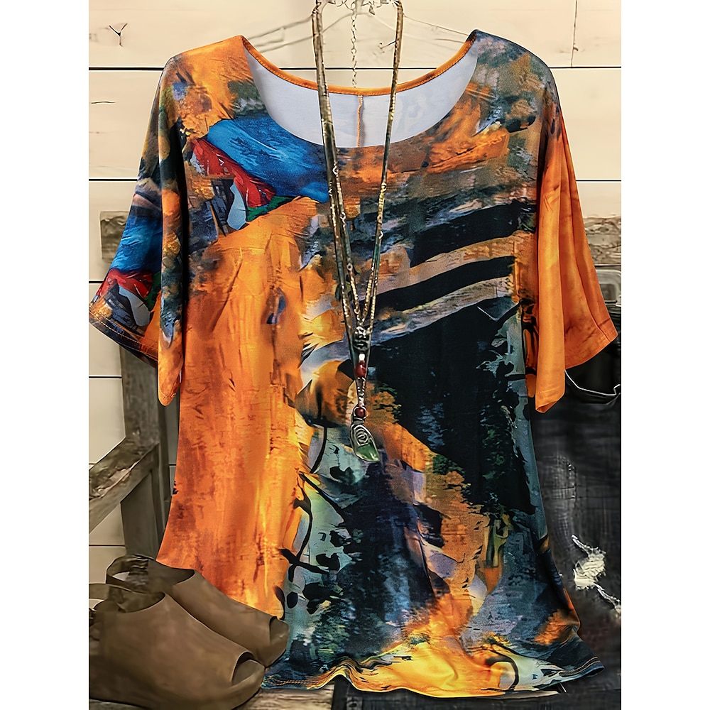 Damen Hemd Bluse Graffiti Stilvoll Brautkleider schlicht Kurzarm Rundhalsausschnitt Normale Oberteile Täglich Bedruckt Orange Sommer Lightinthebox