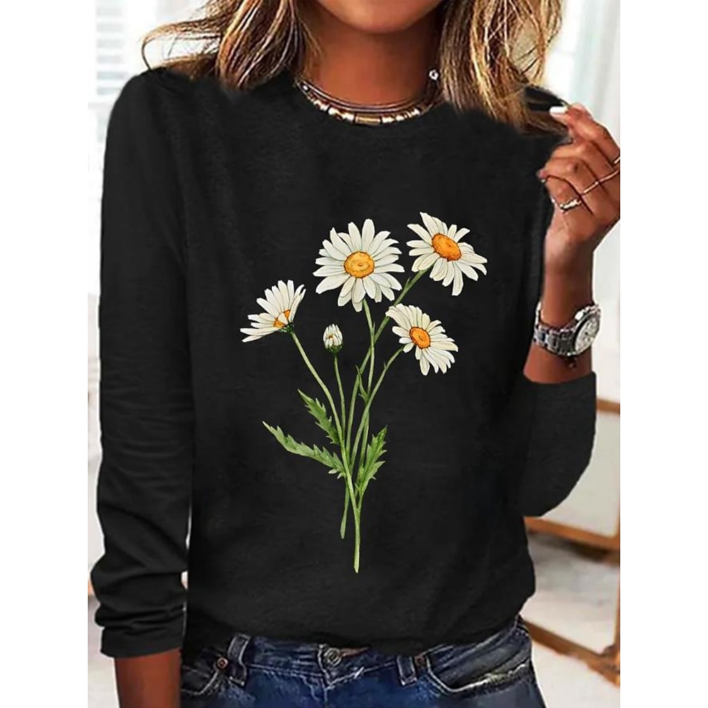 Damen T Shirt Blumen Brautkleider schlicht Langarm Rundhalsausschnitt Normale Oberteile Täglich Wochenende Bedruckt Schwarz Herbst Winter Lightinthebox