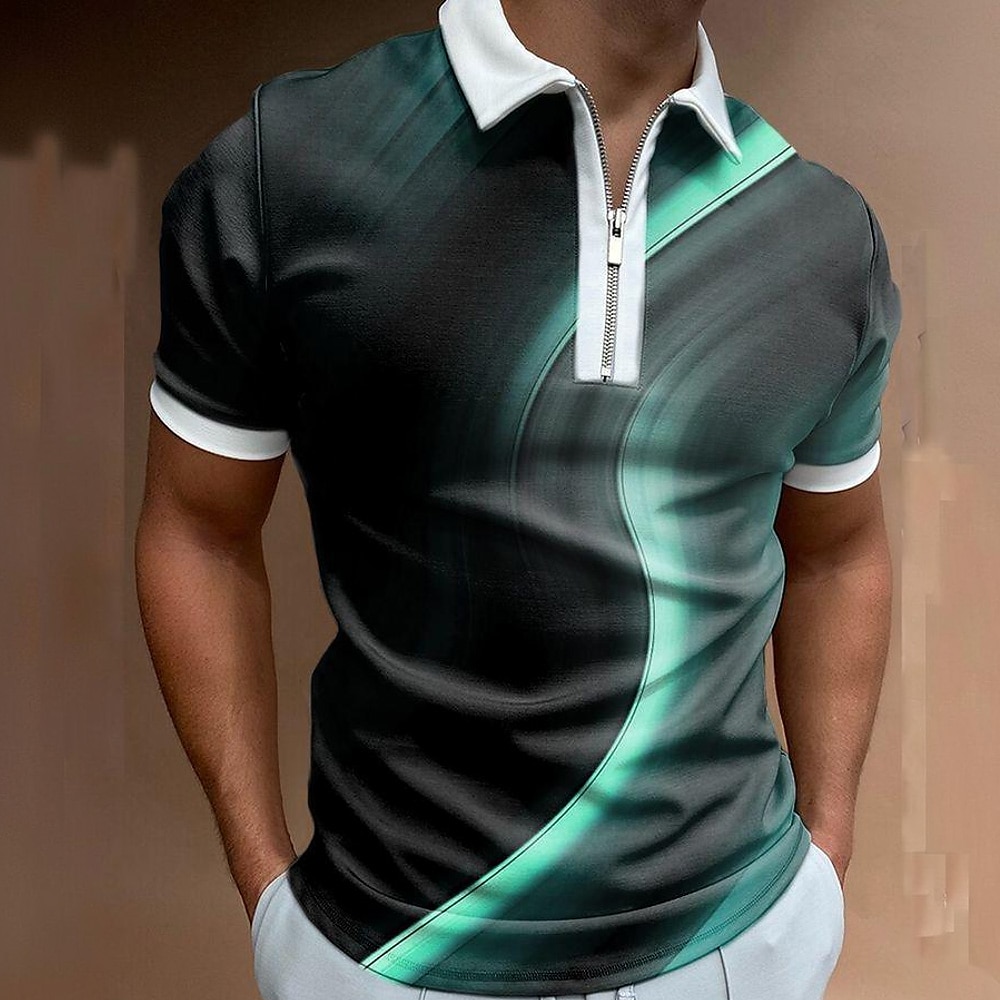 Herren Geometrisch Linie Zip Polo Kurzarm Umlegekragen Casual Outdoor Alltagskleidung Athlässigkeit Zip Grün Lightinthebox