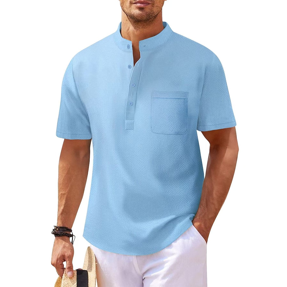 Herren Hemd Popover-Shirt Sommerhemd Lässiges Hemd Strandhemd Schwarz Weiß Himmelblau Grün Kaki Kurzarm Klassisch Solide / einfarbig Stehkragen Henley Urlaub Festtage Schnalle Bekleidung Polyester Lightinthebox