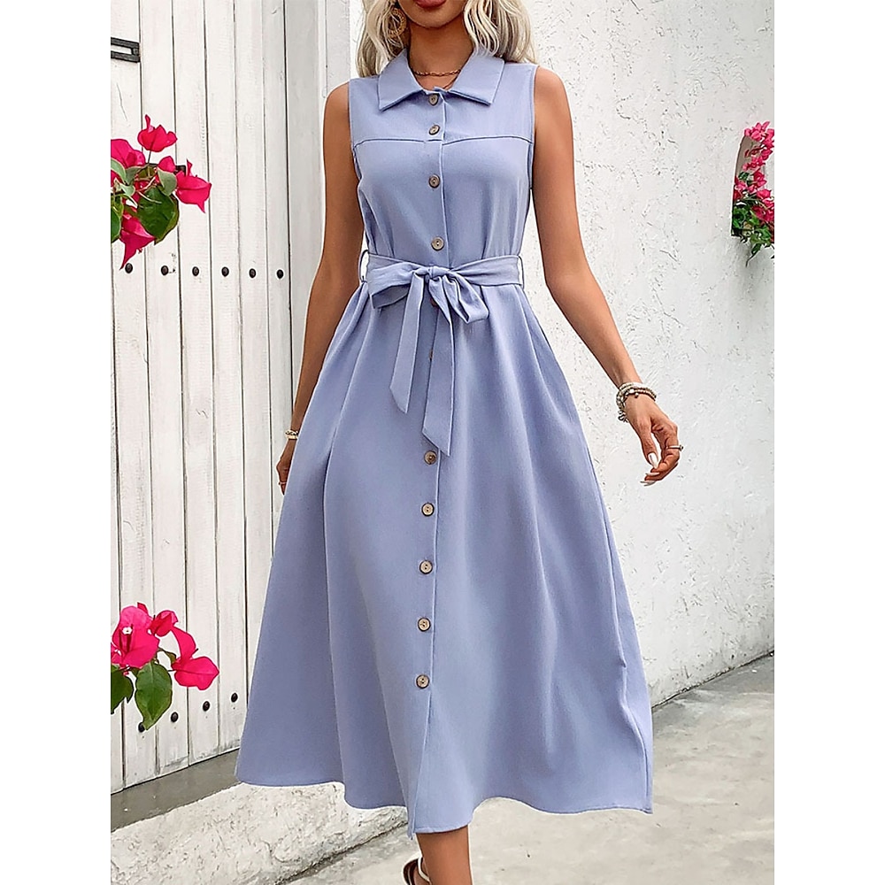 Damen blusenkleid Casual kleid Tank-Top Kleid Basic Brautkleider schlicht Glatt Maxidress Ärmellos Hemdkragen Vorne binden Knopf Tasche Regular Fit Urlaub Täglich Blau Sommer Lightinthebox