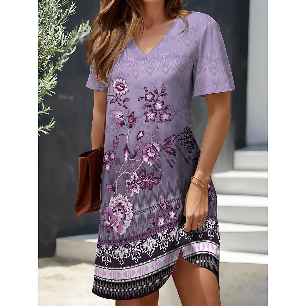 Damen Normal Minikleid Casual kleid Urlaub Ethnisch Brautkleider schlicht Urlaub Täglich Regular Fit Graphic Boho Paisley Damast Kurzarm Rundhalsausschnitt Violett Sommer Frühling Lightinthebox