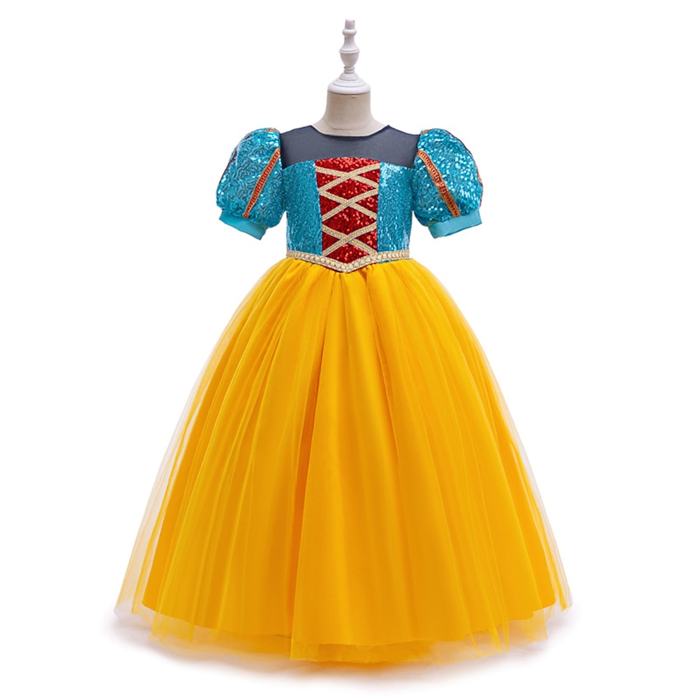 kinderkleidung Mädchen Kleid Farbblock Kurzarm Outdoor Casual Pailletten Puffärmel Modisch Kostüm Polyester Maxi Casual kleid A Linie Kleid Tüll-Kleid Sommer Frühling 6-12 Y Gelb Lightinthebox